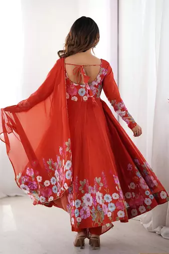 Rust soft organza silk with floral print fully flared anarkali pant with dupatta set
