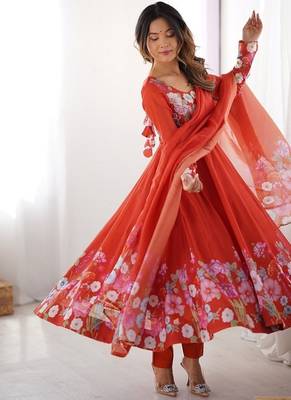 Rust soft organza silk with floral print fully flared anarkali pant with dupatta set 3