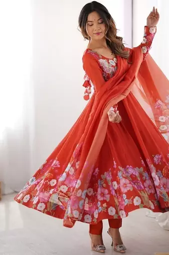 Rust soft organza silk with floral print fully flared anarkali pant with dupatta set