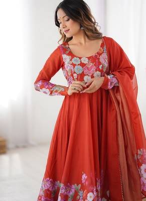 Rust soft organza silk with floral print fully flared anarkali pant with dupatta set 4
