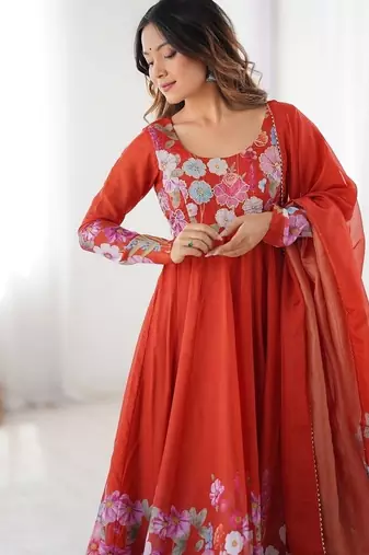 Rust soft organza silk with floral print fully flared anarkali pant with dupatta set