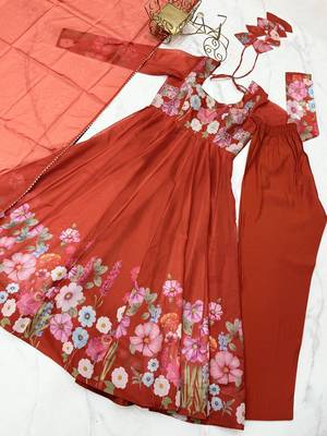 Rust soft organza silk with floral print fully flared anarkali pant with dupatta set 5