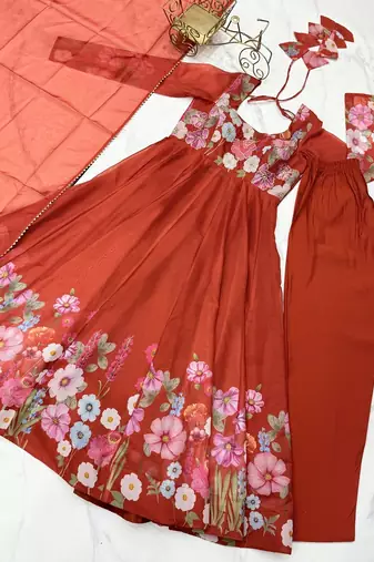 Rust soft organza silk with floral print fully flared anarkali pant with dupatta set
