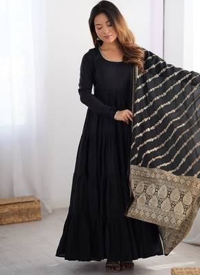 Black roman silk chanderi with fully flair anarkali ,pant with dupatta 1