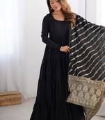 Black roman silk chanderi with fully flair anarkali ,pant with dupatta