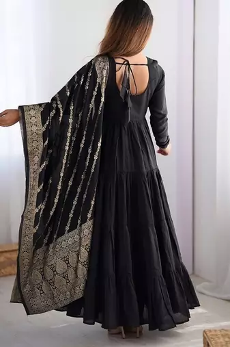 Black roman silk chanderi with fully flair anarkali ,pant with dupatta