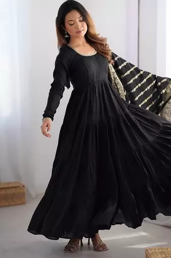 Black roman silk chanderi with fully flair anarkali ,pant with dupatta