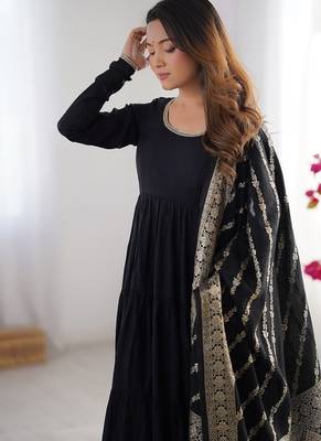 Black roman silk chanderi with fully flair anarkali ,pant with dupatta 4