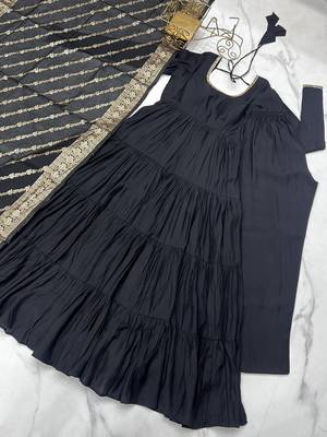Black roman silk chanderi with fully flair anarkali ,pant with dupatta 5