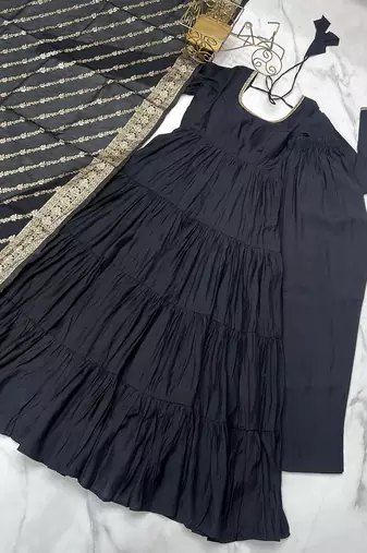 Black roman silk chanderi with fully flair anarkali ,pant with dupatta