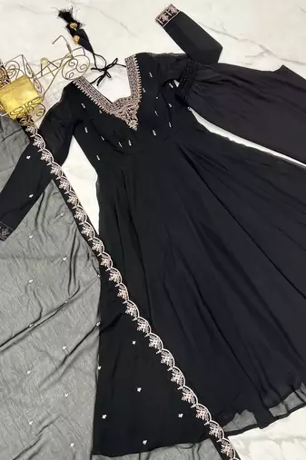 Black soft georgette with beads and zari work anarkali suit