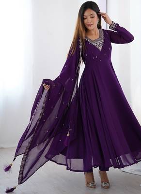 Purple soft georgette with beads and zari work anarkali suit 1