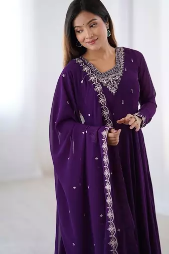 Purple soft georgette with beads and zari work anarkali suit
