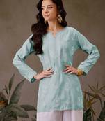 Hand embroidered turquoise blue chanderi silk lucknowi chikankari short kurti
