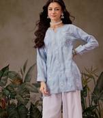 Hand embroidered ink blue chanderi silk lucknowi chikankari short kurti