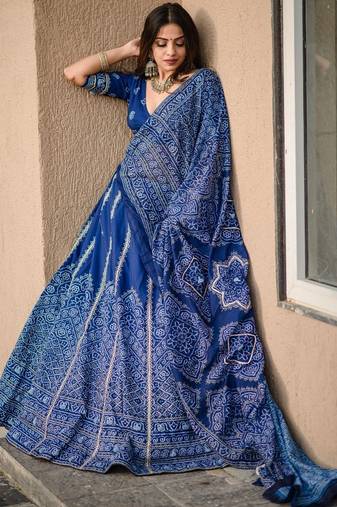 Navy Blue Gota Patti Printed Silk Lehenga choli