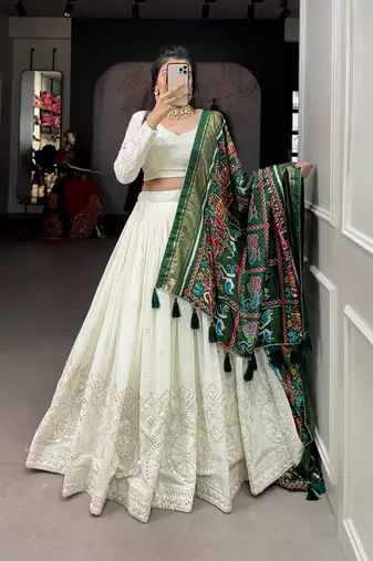 Ivory White Paper Mirror Embroidered Georgette Lehenga with Dupatta and Blouse