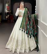 Ivory White Paper Mirror Embroidered Georgette Lehenga with Dupatta and Blouse