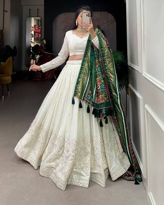 Ivory White Paper Mirror Embroidered Georgette Lehenga with Dupatta and Blouse 3
