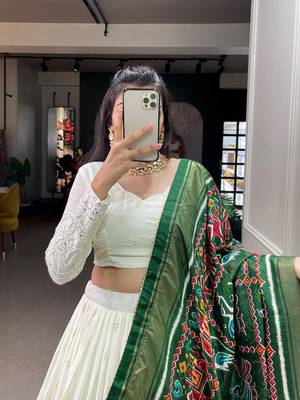 Ivory White Paper Mirror Embroidered Georgette Lehenga with Dupatta and Blouse 4