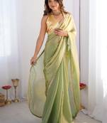 Sea green organza lace work saree