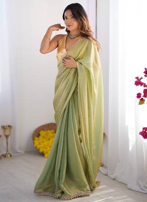 Sea green organza lace work saree 2
