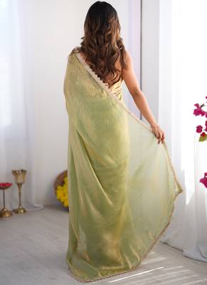 Sea green organza lace work saree 4