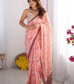 Light red organza lace work saree