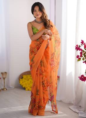 Yellow organza lace work saree 1