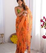 Yellow organza lace work saree