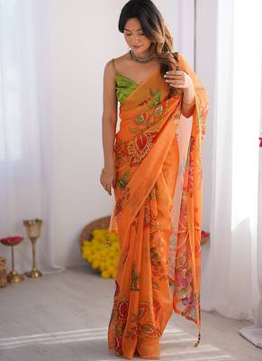 Yellow organza lace work saree 2
