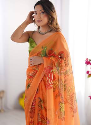 Yellow organza lace work saree 3