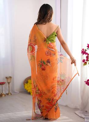 Yellow organza lace work saree 4