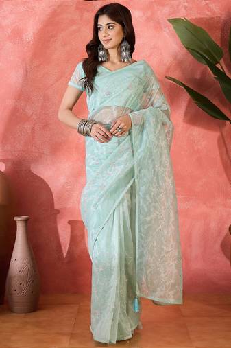 Sea green organza sequin embroidered saree
