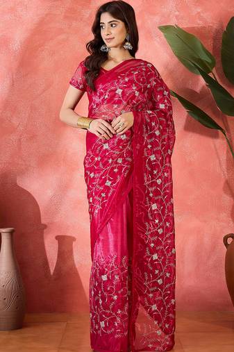 Red organza sequin embroidered saree