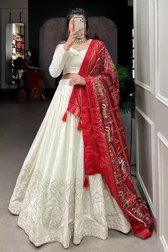 Ivory White Mirror Embroidered Georgette Lehenga with Dupatta and Blouse