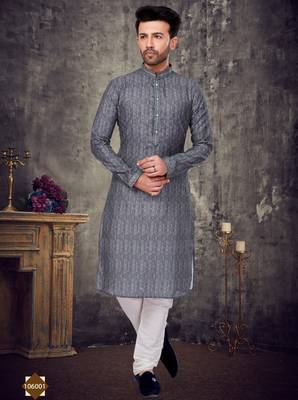 Dark grey pintex work sequence thread kurta pajama for mens 1