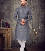 Dark grey pintex work sequence thread kurta pajama for mens