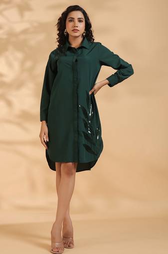 Green embroidered blended cotton tracy pine knee length short dress