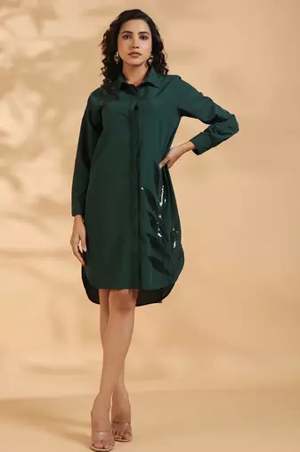 Green embroidered blended cotton tracy pine knee length short dress