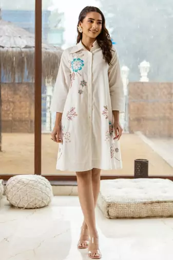 Off white embroidered cotton viva misri knee length short dress