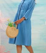 Blue plain cotton purna seabreeze knee length short dress