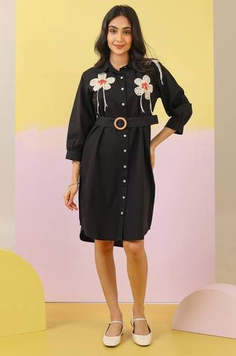Black embroidered cotton purna jade knee length short dress