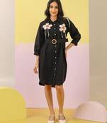 Black embroidered cotton purna jade knee length short dress