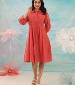 Red plain cotton purna apricot knee length short dress