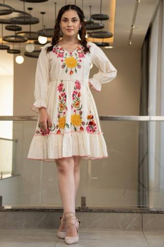 Off white embroidered cotton hemal marigold knee length short dress