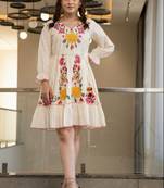 Off white embroidered cotton hemal marigold knee length short dress