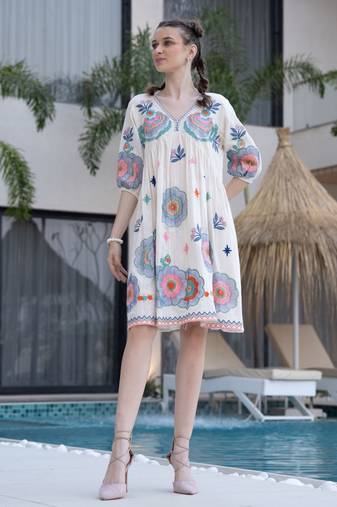White embroidered cotton hemal breeze knee length short dress
