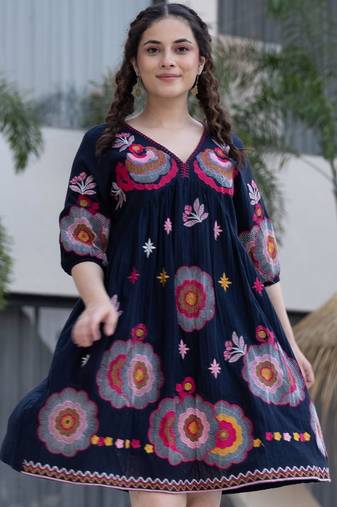 Blue embroidered cotton hemal azure knee length short dress