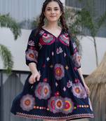 Blue embroidered cotton hemal azure knee length short dress